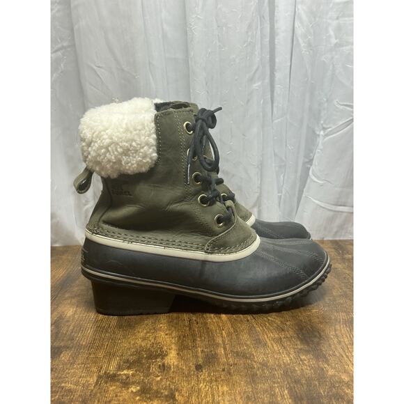 Sorel Womens Slimpack II Boot Size 7 Green Leather Waterproof Lace Up Bootie - Picture 1 of 14